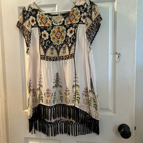 Anthropologie Tops - Anthropologie Cream Tunic Top with Black Fringe and Multicolor Floral Print